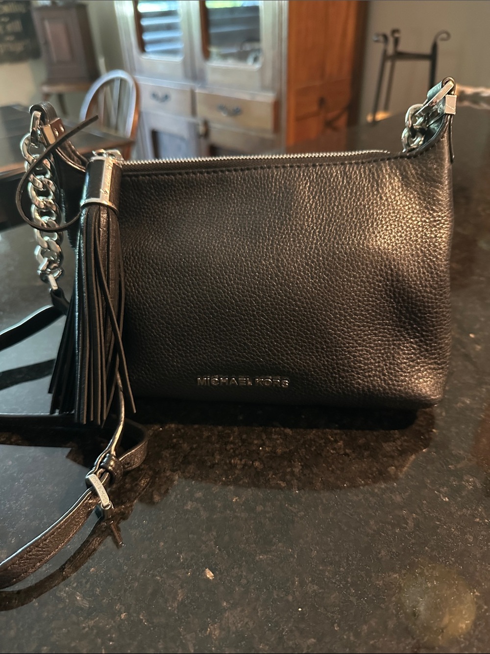 Michael Kors Black Pebbled Leather Crossbody with Tassel and Chain Strap